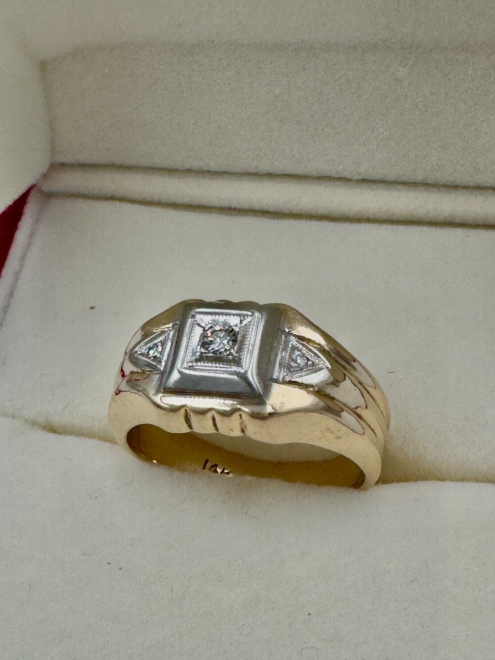 14K Gold Diamond Ring (3-Stone) - Size ~7 Art Deco Style Gentlemen’s Jewelry